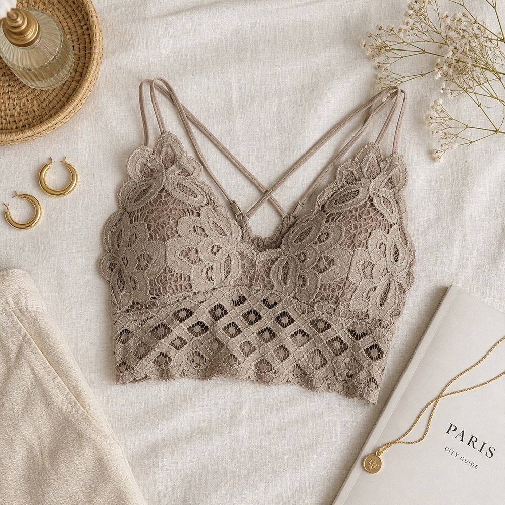 Anemone Floral Lace Bralette Taupe Mauve Smocked Back Strappy Women's Size M